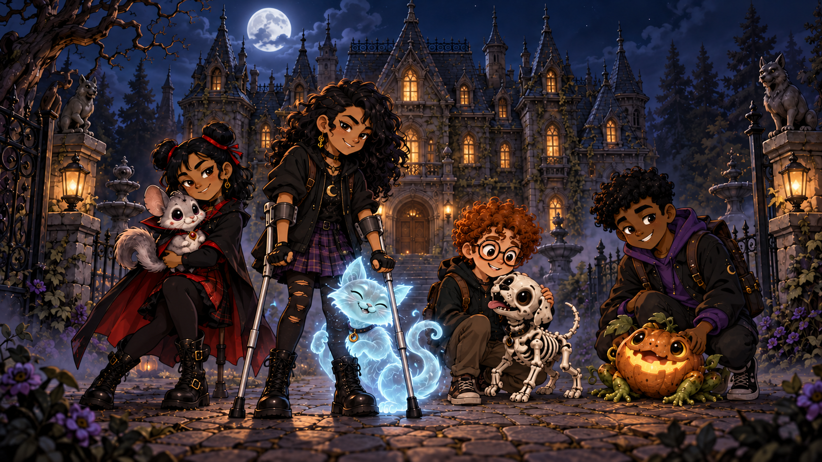 Four children and their pets outside the Midnight Menagerie mansion, including a girl with forearm crutches beside a glowing ghost cat